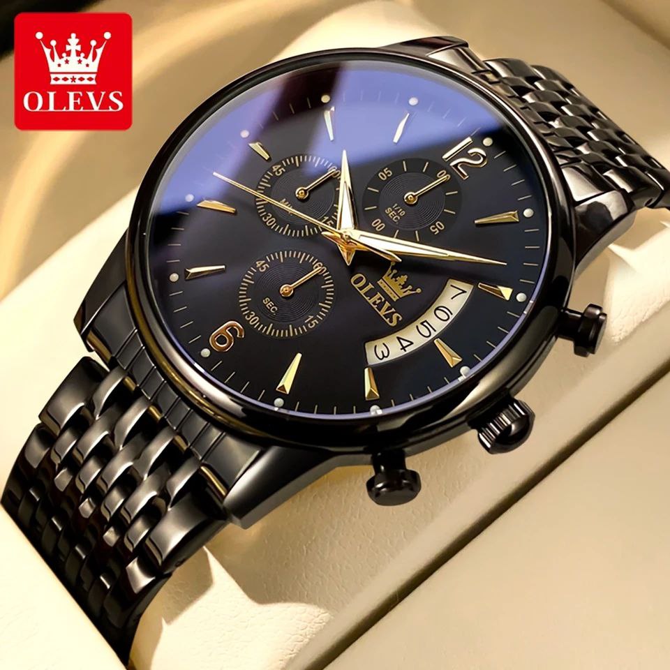 OLEVS CHRONOGRAPH MEN WATCH CHRONOGRAPH MOVEMENT DATE DISPLAY STRONG LUMINOUS FUNCTION BATTERY POWERED STAINLESS STEEL WATER RESISTANT OLEVS BRANDED BOX