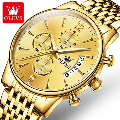 OLEVS CHRONOGRAPH MEN WATCH CHRONOGRAPH MOVEMENT DATE DISPLAY STRONG LUMINOUS FUNCTION BATTERY POWERED STAINLESS STEEL WATER RESISTANT OLEVS BRANDED BOX