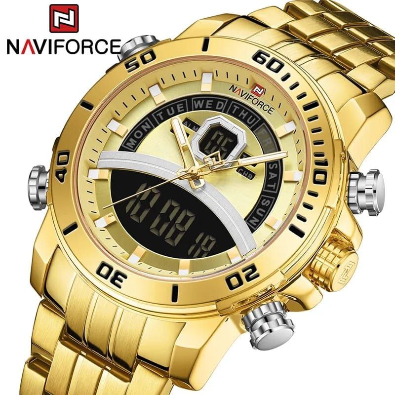#NAVIFORCE GENTS WATCH #NF 9181 ANALOGUE & DIGITAL DISPLAY LIGHT BUTTON WATER RESISTANT BATTERY POWERED BLACK GOLD SILVER ENQUIRIES