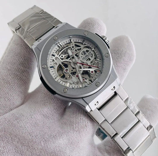 HUBLOT AUTOMATIC METALLIC STRAP STAINLESS STEEL WATER RESISTANT AUTOMATIC MOVEMENT HUBLOT BRANDED BOX
