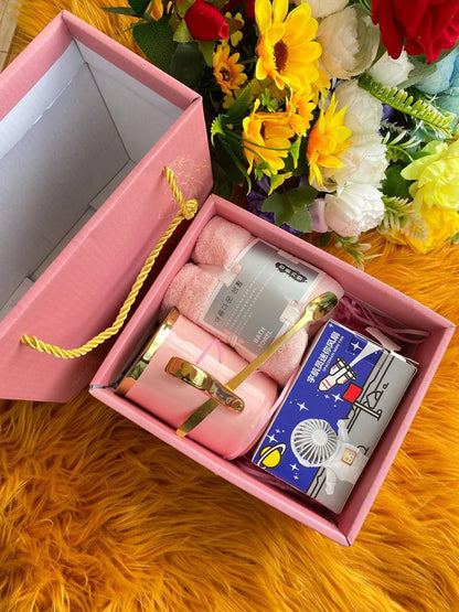 PERFECT GIFT COMBO BATH TOWEL MUG/CERAMIC CUP CHARGEABLE PORTABLE FAN SCOOPING/STIRRING SPOON GIFT BAG