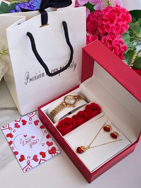 FLORAL GIFT SET PRESERVED ROSES WATCH NECKLACE EARRINGS LOVE CARD GIFT BAG ENQUIRIES 0712-995-975