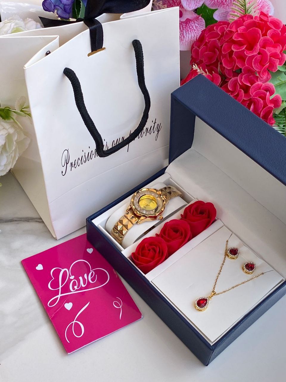 FLORAL GIFT SET PRESERVED ROSES WATCH NECKLACE EARRINGS LOVE CARD GIFT BAG ENQUIRIES 0712-995-975