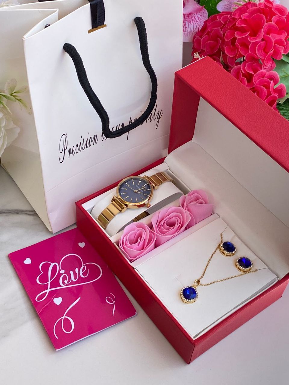 FLORAL GIFT SET PRESERVED ROSES WATCH NECKLACE EARRINGS LOVE CARD GIFT BAG ENQUIRIES 0712-995-975