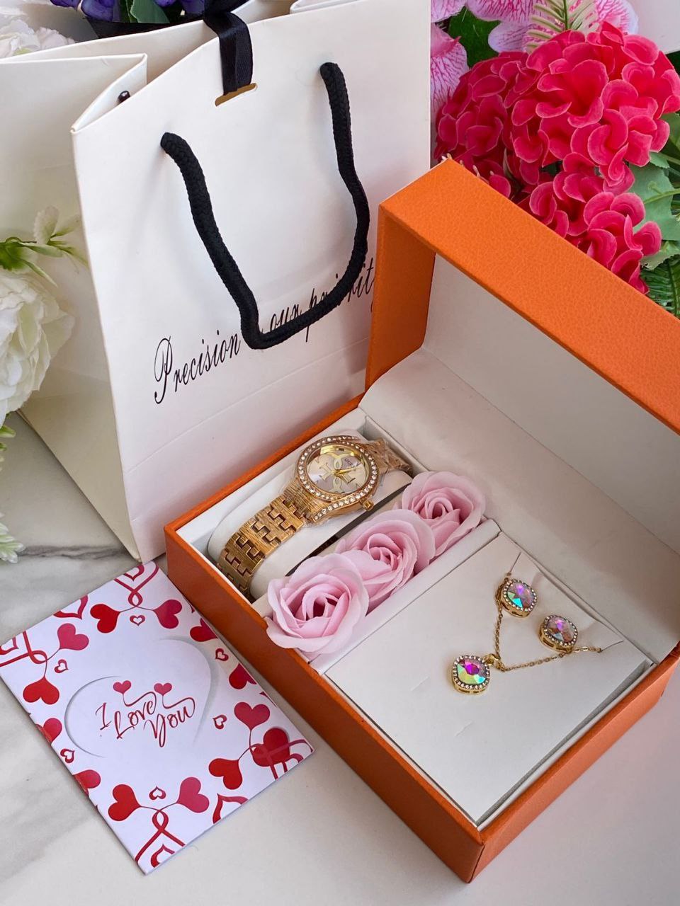 FLORAL GIFT SET PRESERVED ROSES WATCH NECKLACE EARRINGS LOVE CARD GIFT BAG ENQUIRIES 0712-995-975