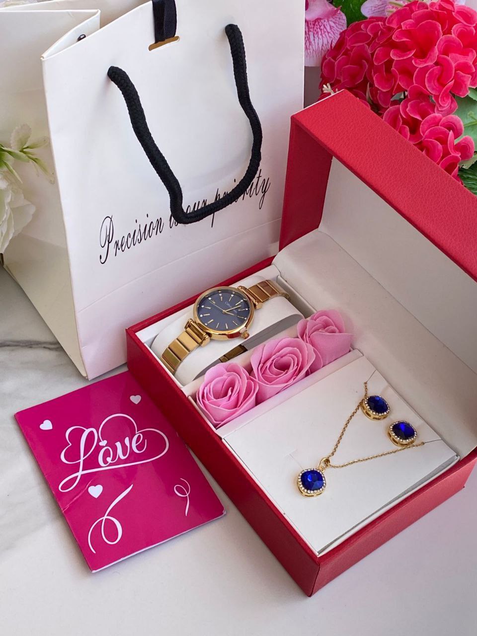 FLORAL GIFT SET PRESERVED ROSES WATCH NECKLACE EARRINGS LOVE CARD GIFT BAG ENQUIRIES 0712-995-975