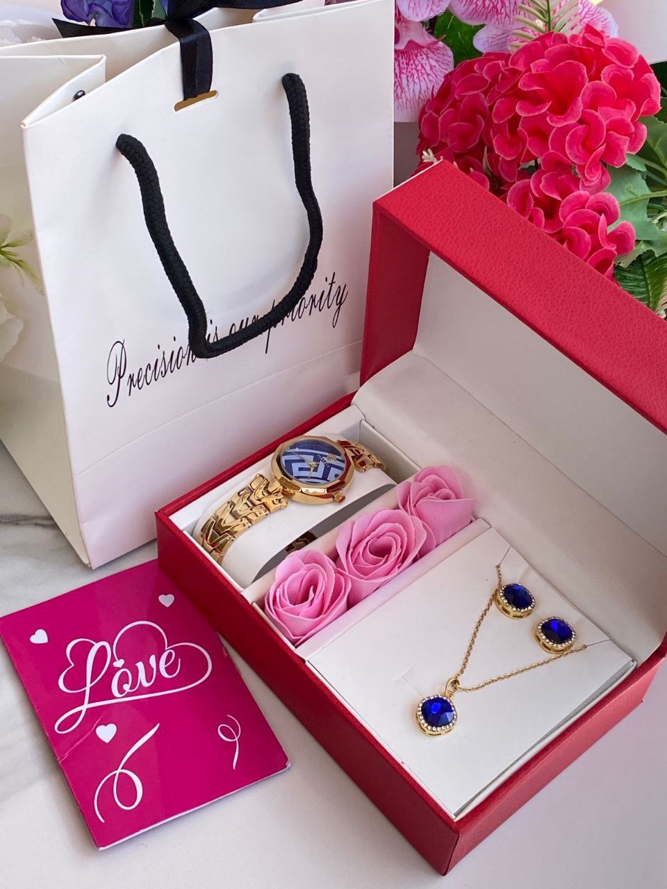 FLORAL GIFT SET PRESERVED ROSES WATCH NECKLACE EARRINGS LOVE CARD GIFT BAG ENQUIRIES 0712-995-975