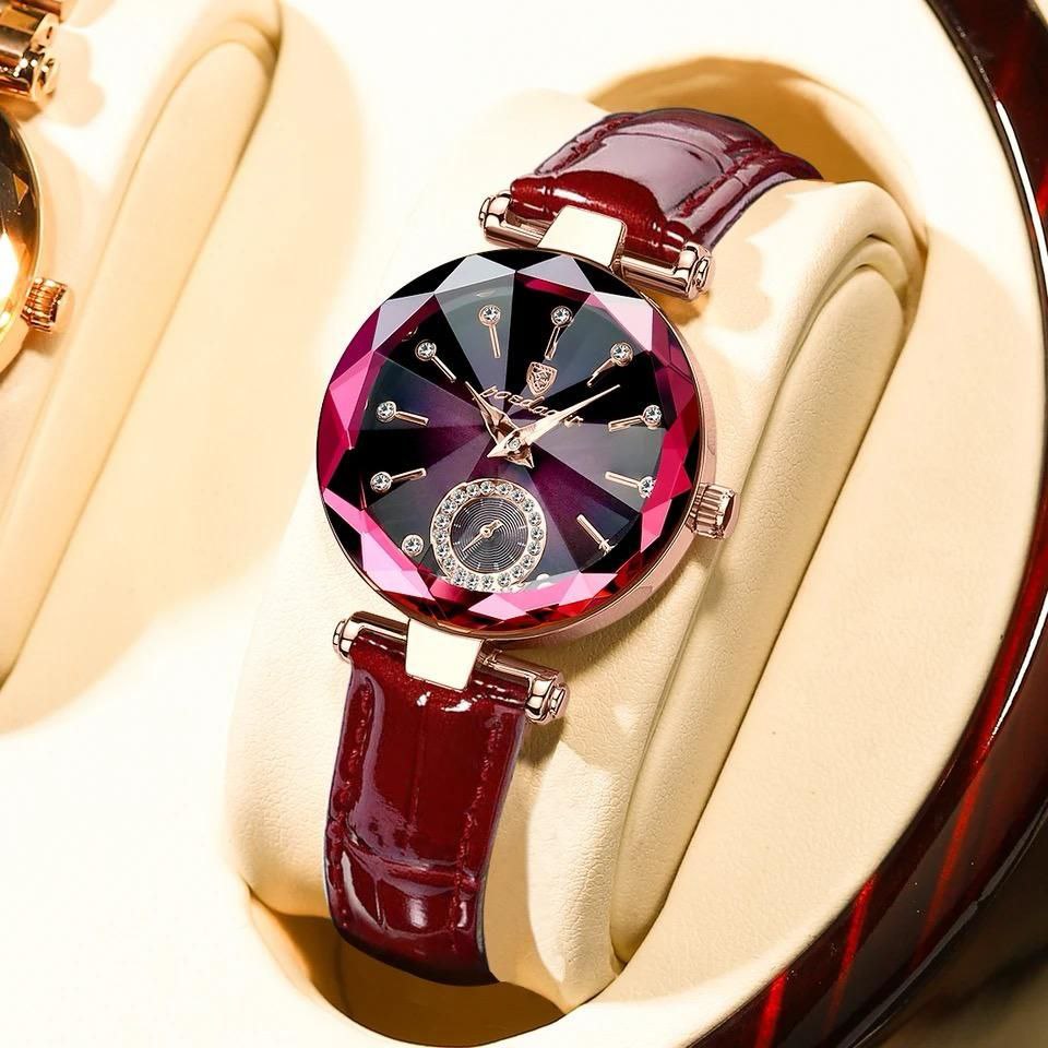 POEDAGAR LADIES 719 (LEATHER STRAP) WATER RESISTANT STAINLESS STEEL BATTERY POWERED PURPLE