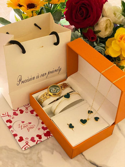 5 1 GIFT SETS WITH GIFT BAG&CARD DOZEN PURCHASE AND ABOVE 2,300( SET ONLY) WATCH,NECKLACE,EARRINGS,BRACELET,RING. BAG CARD