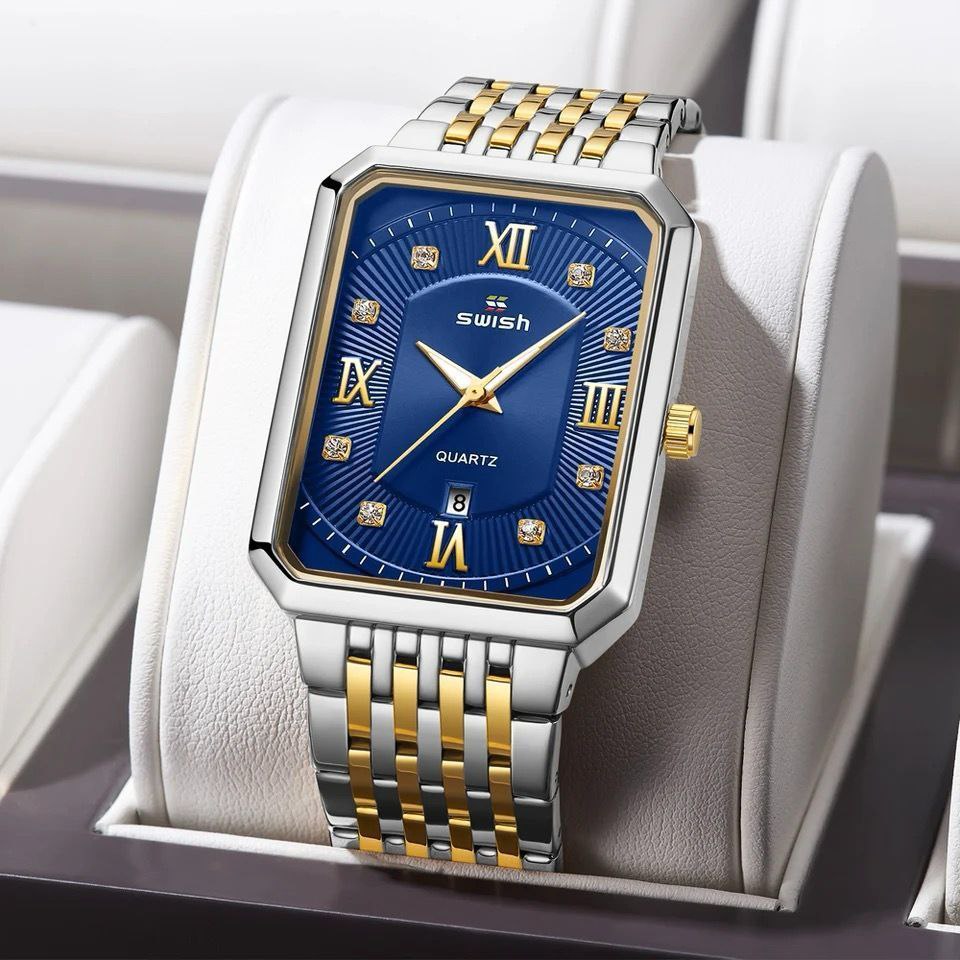 #SWISH STYLISH GENTS WATCH DATE DISPLAY BATTERY POWERED STAINLESS STEEL WATER RESISTANT TWO-TONE BLUE SILVER GOLD SILVER BLACK GOLD-BLACK ENQUIRIES