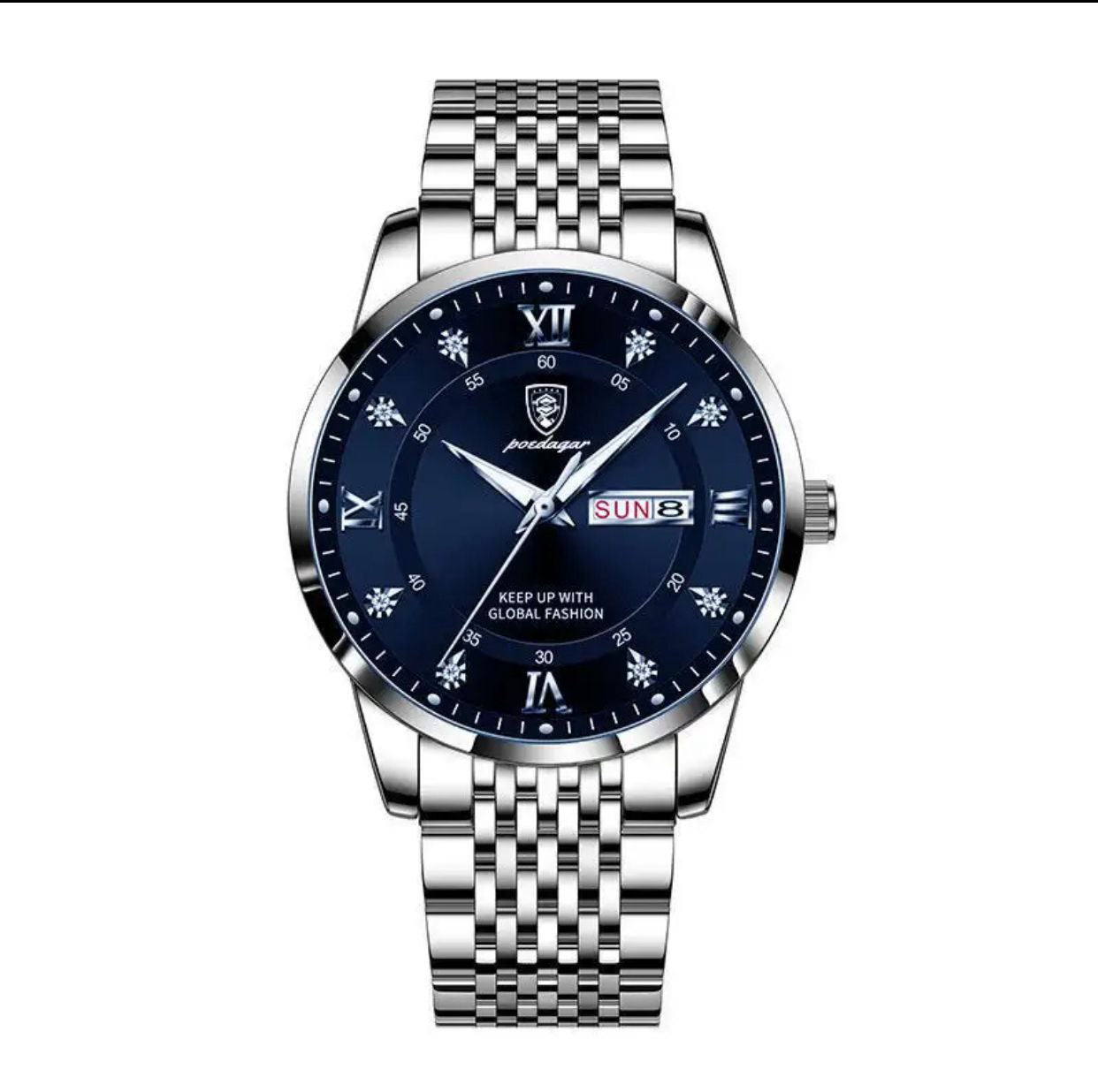 POEDAGAR MEN 836 SILVER BLUE TT BLACK 3ATM WATER RESISTANT DAY AND DATE DISPLAY STRONG LUMINOUS STAINLESS STEEL FINISH