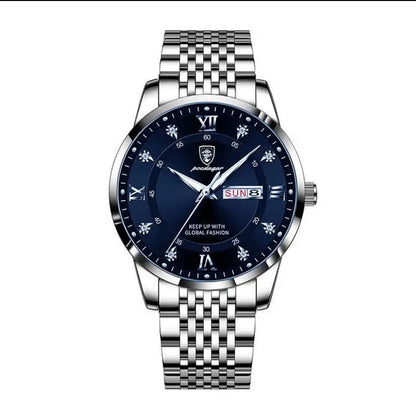 POEDAGAR MEN 836 SILVER BLUE TT BLACK 3ATM WATER RESISTANT DAY AND DATE DISPLAY STRONG LUMINOUS STAINLESS STEEL FINISH