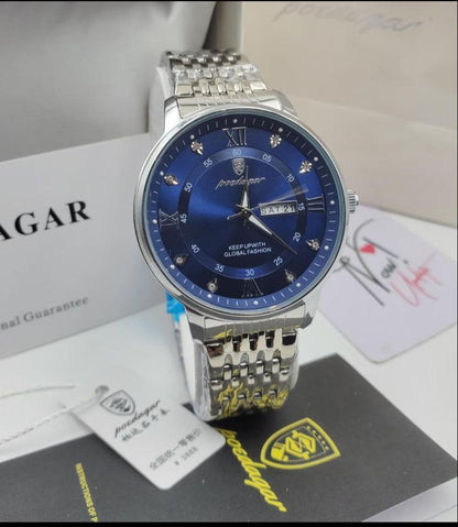 POEDAGAR MEN 836 SILVER BLUE TT BLACK 3ATM WATER RESISTANT DAY AND DATE DISPLAY STRONG LUMINOUS STAINLESS STEEL FINISH