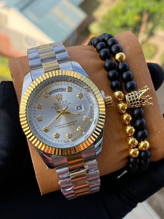 ROLEX X BANGLE FULL DAY AND DATE DISPLAY BATTERY POWERED WATER RESISTANT STAINLESS STEEL ROLEX BRANDED BOX