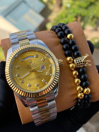 ROLEX X BANGLE FULL DAY AND DATE DISPLAY BATTERY POWERED WATER RESISTANT STAINLESS STEEL ROLEX BRANDED BOX