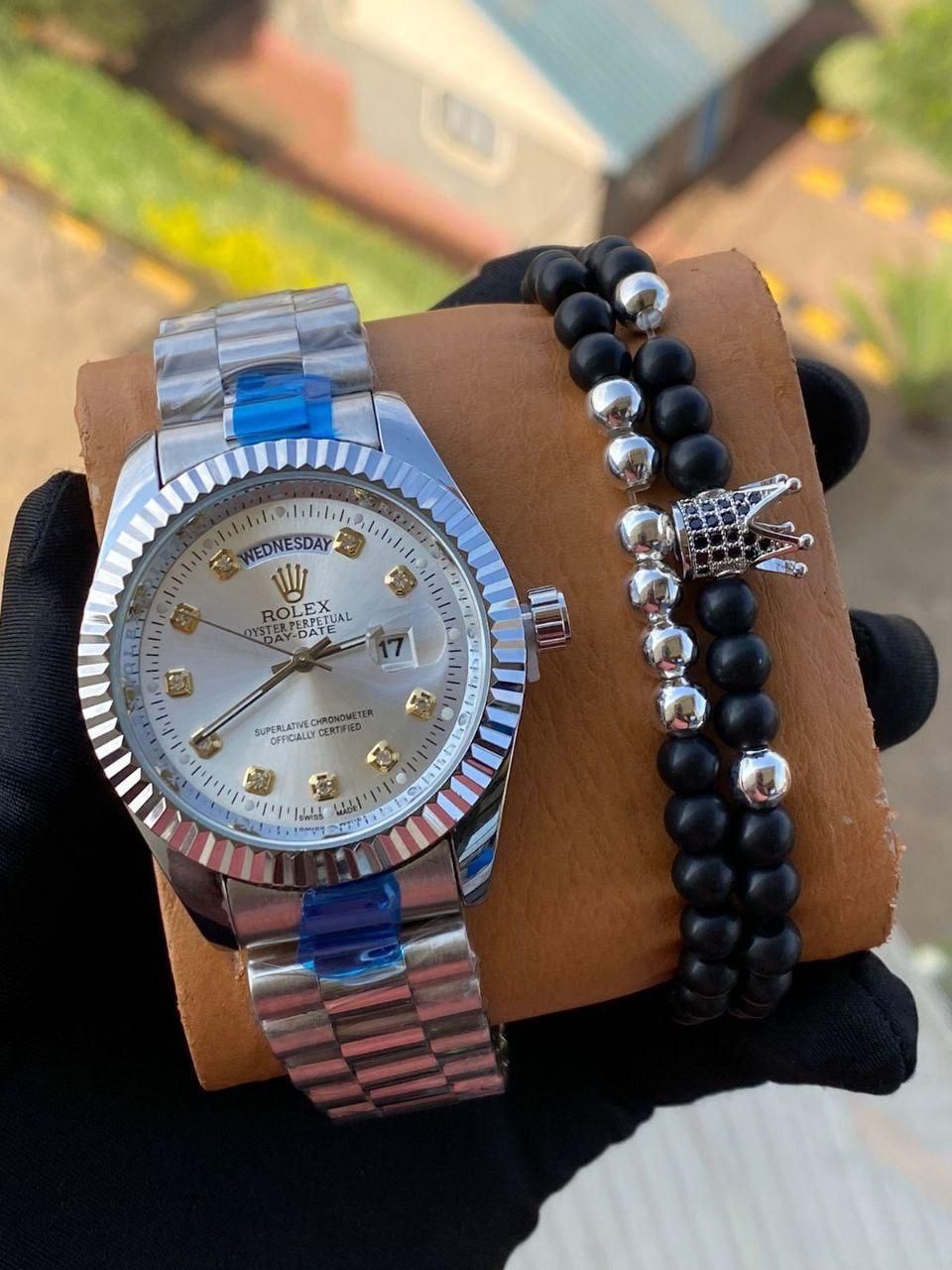 ROLEX X BANGLE FULL DAY AND DATE DISPLAY BATTERY POWERED WATER RESISTANT STAINLESS STEEL ROLEX BRANDED BOX