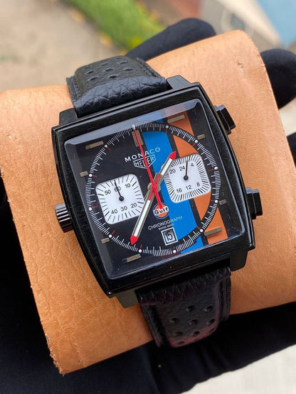 MONACO HEUR CHRONOGRAPH MEN WATCH CHRONOGRAPH MOVEMENT DATE DISPLAY NON-FADE STAINLESS STEEL FINISH WATER RESISTANT BATTERY POWERED SMOOTH SWEEPING MOVEMENT GIFT BAG ENQUIRIES