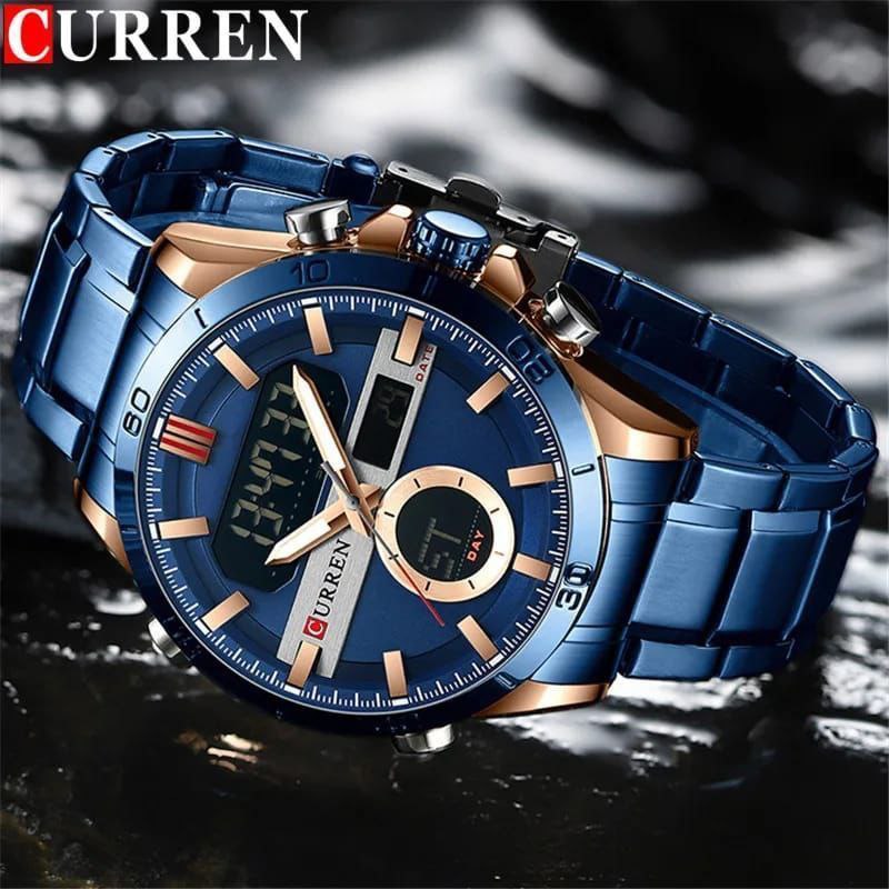 CURREN GENTS WATCH #8384 DUAL TIME DISPLAY WATER RESISTANT BATTERY POWERED LIGHT BUTTON ENQUIRIES