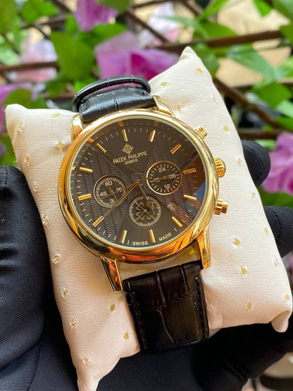 PATEK PHILIPPE DATE DISPLAY LEATHER STRAP CHRONOGRAPH MOVEMENT BATTERY POWERED