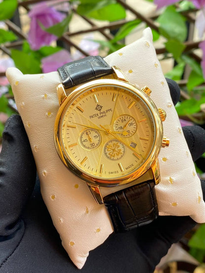 PATEK PHILIPPE DATE DISPLAY LEATHER STRAP CHRONOGRAPH MOVEMENT BATTERY POWERED