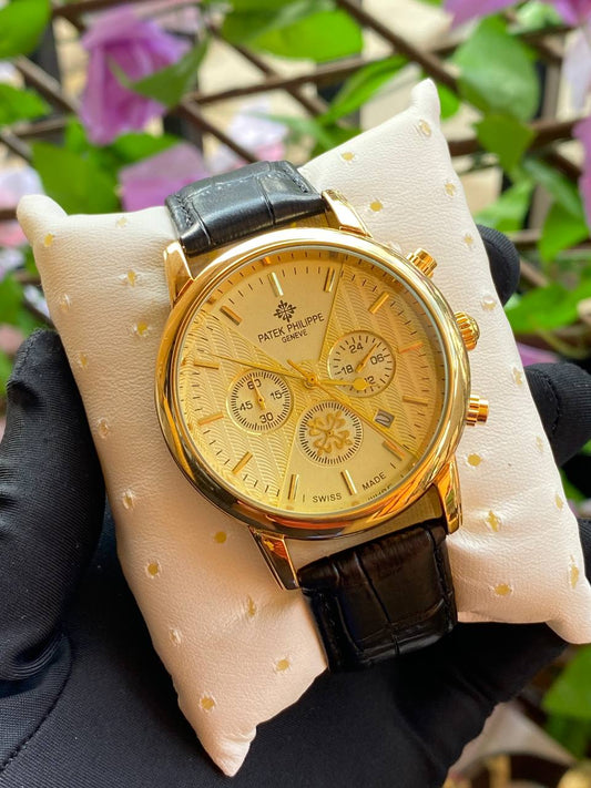 PATEK PHILIPPE DATE DISPLAY LEATHER STRAP CHRONOGRAPH MOVEMENT BATTERY POWERED