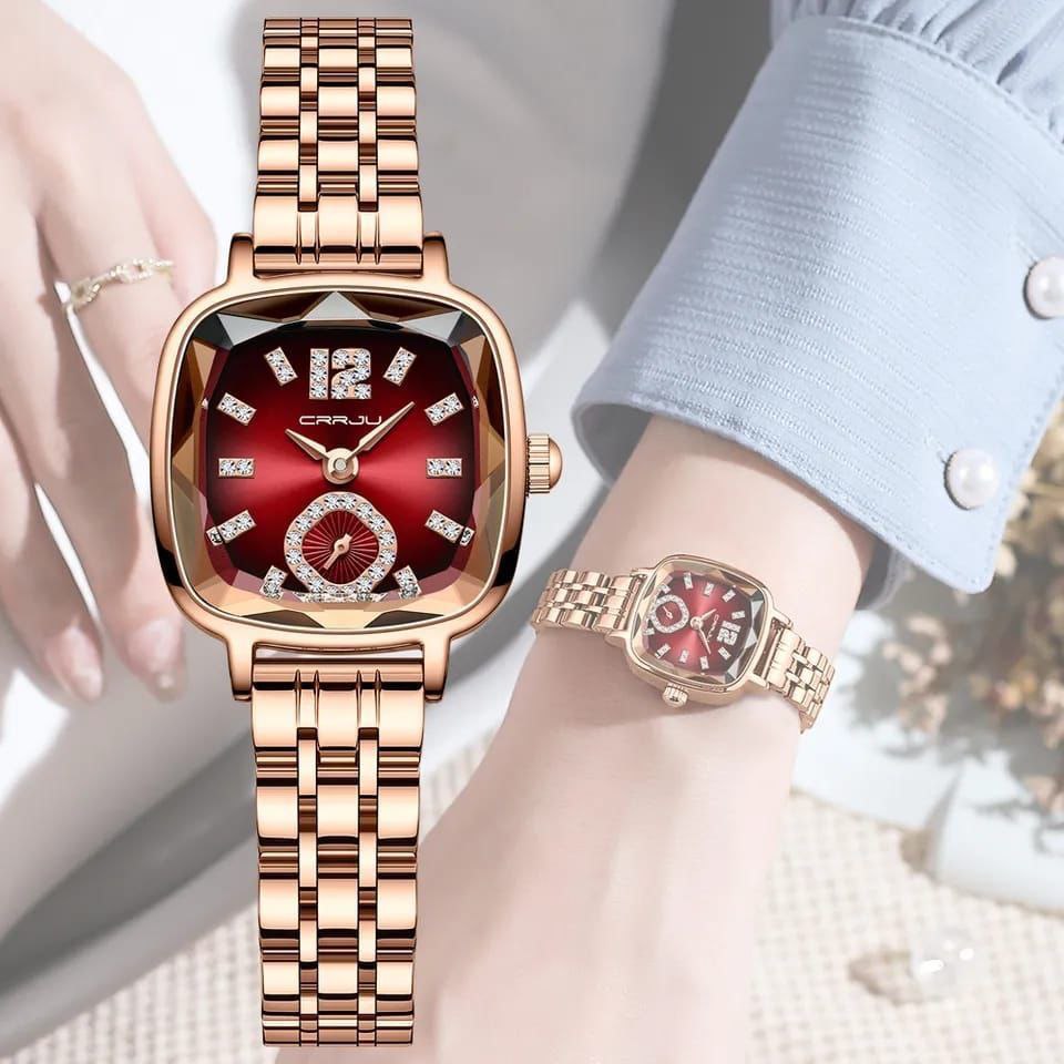 CRRJU LADIES 5014 WATER RESISTANT STAINLESS STEEL BATTERY POWERED ROSE GOLD BLUE ROSE GOLD RED