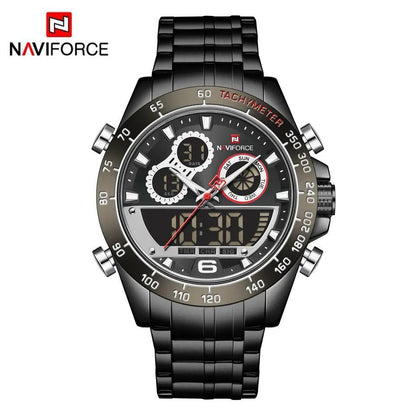 NAVIFORCE GENTS WATCH #NF 9188 ANALOGUE & DIGITAL DISPLAY LIGHT BUTTON WATER RESISTANT BATTERY POWERED GOLD SILVER SILVER-BLUE ENQUIRIES