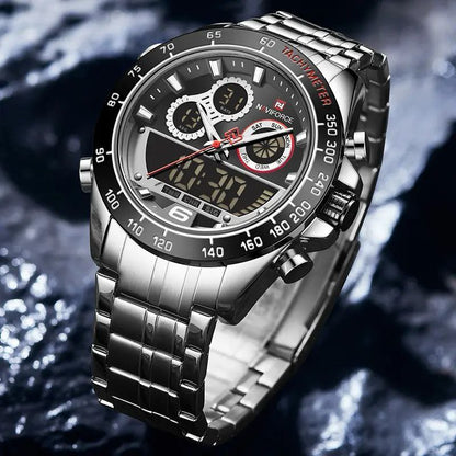 NAVIFORCE GENTS WATCH #NF 9188 ANALOGUE & DIGITAL DISPLAY LIGHT BUTTON WATER RESISTANT BATTERY POWERED GOLD SILVER SILVER-BLUE ENQUIRIES