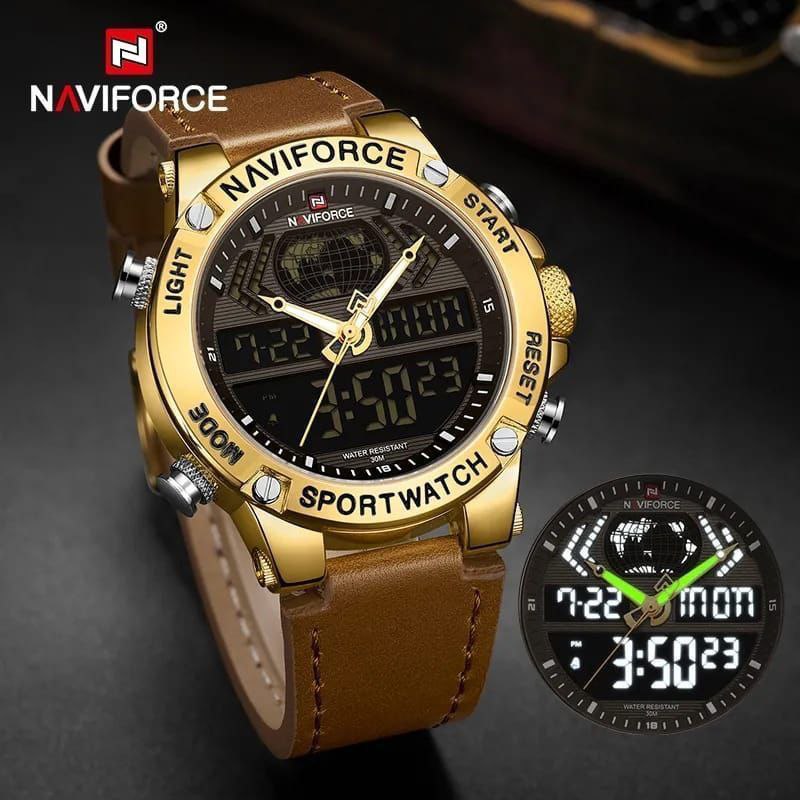 NAVIFORCE GENTS WATCH #NF 9164 ANALOGUE & DIGITAL DISPLAY LIGHT BUTTON WATER RESISTANT BATTERY POWERED BLUE BLACK BROWN ENQUIRIES
