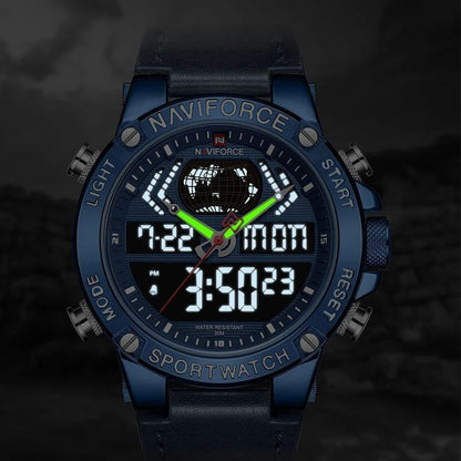 NAVIFORCE GENTS WATCH #NF 9164 ANALOGUE & DIGITAL DISPLAY LIGHT BUTTON WATER RESISTANT BATTERY POWERED BLUE BLACK BROWN ENQUIRIES