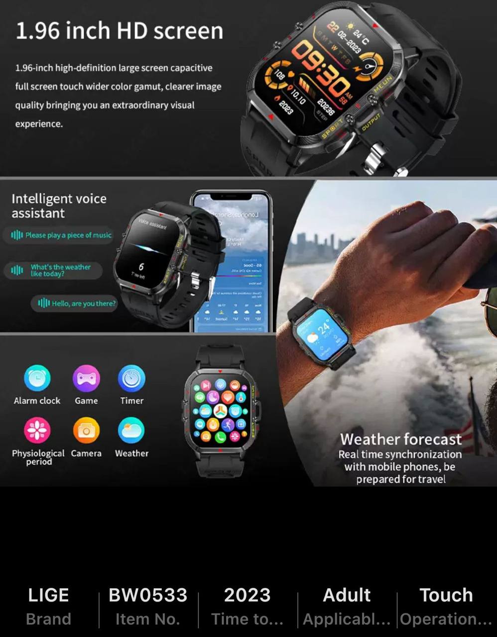 LIGE New 1.52 Inch Screen Bluetooth Call Smartwatch Men Compass Heart Rate Blood