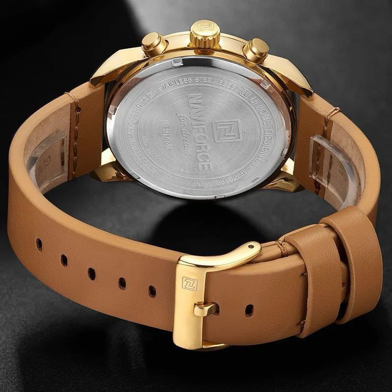 NAVIFORCE GENTS WATCH #NF 9148 CHRONOGRAPH(DAY,DATE,24 HRS CLOCK) LEATHER STRAP WATER RESISTANT BATTERY POWERED BROWNBLUE WHITEROSEGOLD BLUE