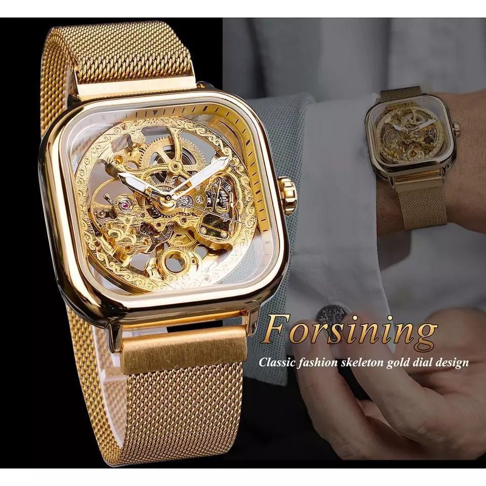 FORSINING AUTOMATIC SKELETON WATCH GOLD BLACK SILVER MESH STRAP WATER RESISTANT STAINLESS STEEL AUTOMATIC MOVEMENT COMES A GIFT BOX