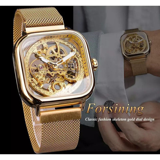 FORSINING AUTOMATIC SKELETON WATCH GOLD BLACK SILVER MESH STRAP WATER RESISTANT STAINLESS STEEL AUTOMATIC MOVEMENT COMES A GIFT BOX