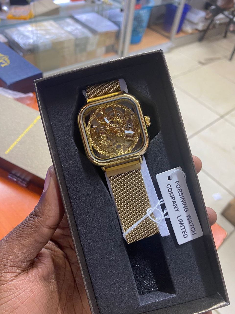 FORSINING AUTOMATIC SKELETON WATCH GOLD BLACK SILVER MESH STRAP WATER RESISTANT STAINLESS STEEL AUTOMATIC MOVEMENT COMES A GIFT BOX