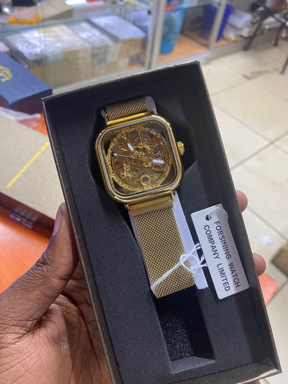 FORSINING AUTOMATIC SKELETON WATCH GOLD BLACK SILVER MESH STRAP WATER RESISTANT STAINLESS STEEL AUTOMATIC MOVEMENT COMES A GIFT BOX