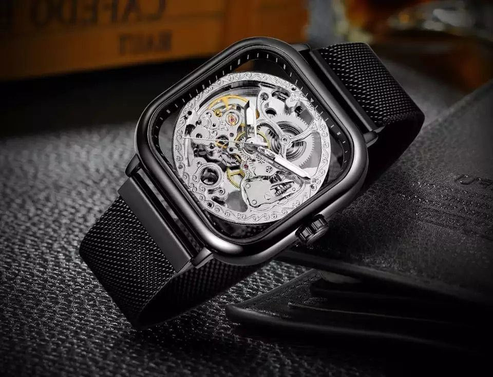 FORSINING AUTOMATIC SKELETON WATCH GOLD BLACK SILVER MESH STRAP WATER RESISTANT STAINLESS STEEL AUTOMATIC MOVEMENT COMES A GIFT BOX