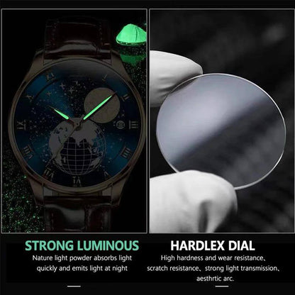 POEDAGAR GENTS WATCH #P803 FINELY POLISHED LEATHER STRAPS BATTERY POWERED LUMINOUS ARMS GLOBE/SPACE INSPIRED DESIGN