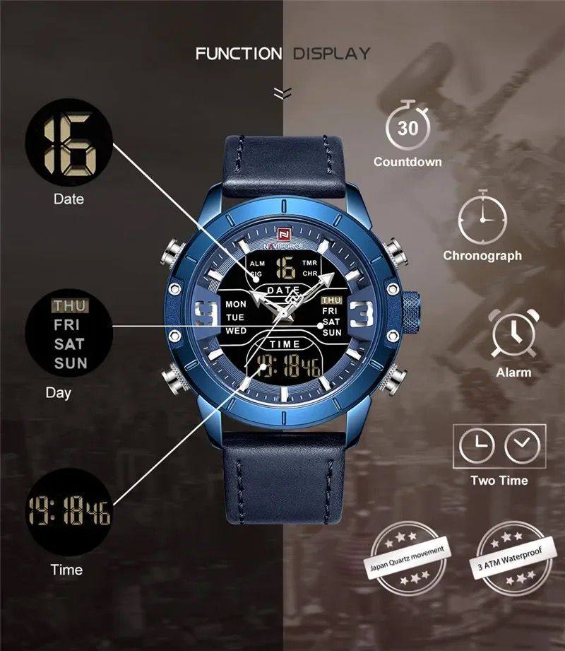 NAVIFORCE GENTS WATCH #NF 9153 ANALOGUE & DIGITAL DISPLAY LIGHT BUTTON WATER RESISTANT BATTERY POWERED