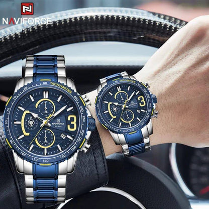 #NAVIFORCE GENTS WATCH #NF 8017 DATE DISPLAY LUMINOUS WATER RESISTANT BATTERY POWERED CHRONOGRAPH FUNCTION SILVER-GREEN SILVER-BLUE SILVER-RED ENQUIRIES
