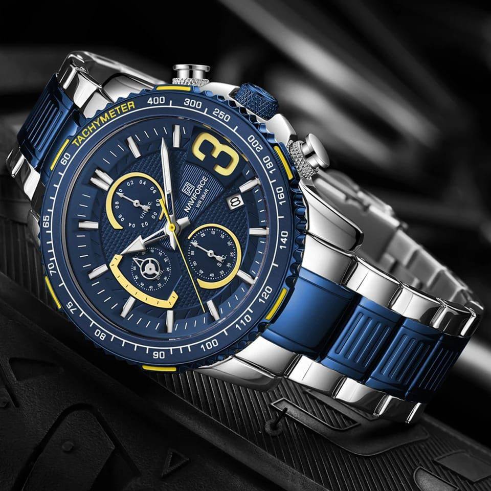 #NAVIFORCE GENTS WATCH #NF 8017 DATE DISPLAY LUMINOUS WATER RESISTANT BATTERY POWERED CHRONOGRAPH FUNCTION SILVER-GREEN SILVER-BLUE SILVER-RED ENQUIRIES