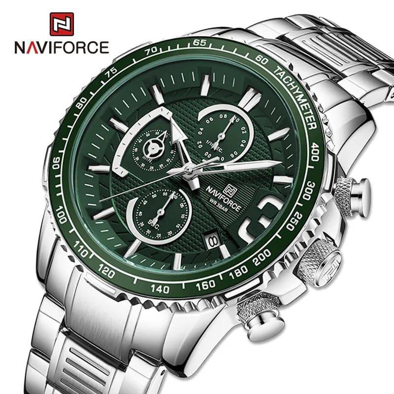 #NAVIFORCE GENTS WATCH #NF 8017 DATE DISPLAY LUMINOUS WATER RESISTANT BATTERY POWERED CHRONOGRAPH FUNCTION SILVER-GREEN SILVER-BLUE SILVER-RED ENQUIRIES