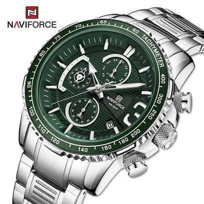 #NAVIFORCE GENTS WATCH #NF 8017 DATE DISPLAY LUMINOUS WATER RESISTANT BATTERY POWERED CHRONOGRAPH FUNCTION SILVER-GREEN SILVER-BLUE SILVER-RED ENQUIRIES
