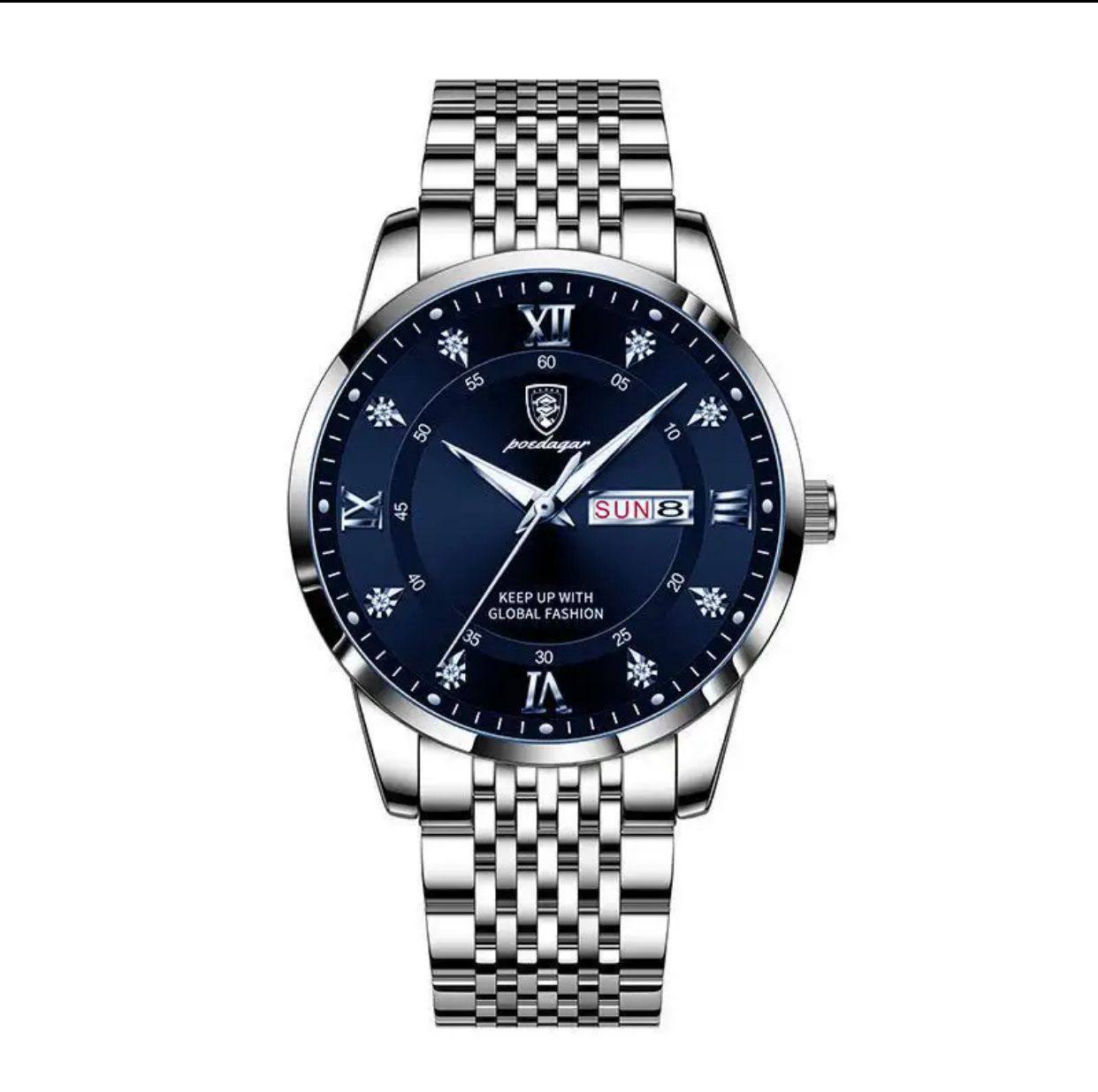 POEDAGAR MEN 836 SILVER BLUE TT BLACK 3ATM WATER RESISTANT DAY AND DATE DISPLAY STRONG LUMINOUS STAINLESS STEEL FINISH