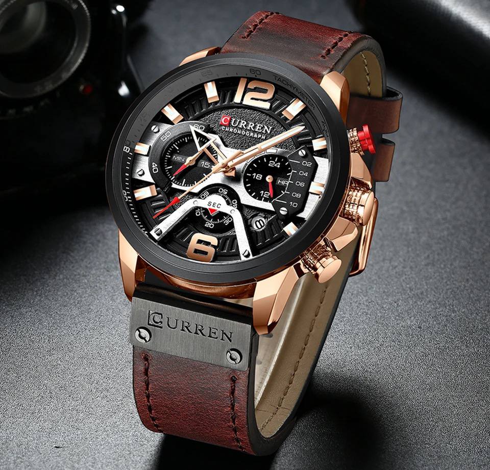 CURREN GENTS WATCH #8329 (LEATHER) WATER RESISTANT CHRONOGRAPH MOVEMENT DATE DISPLAY BATTERY POWERED CURREN BRANDED BOX @ ENQUIRIES