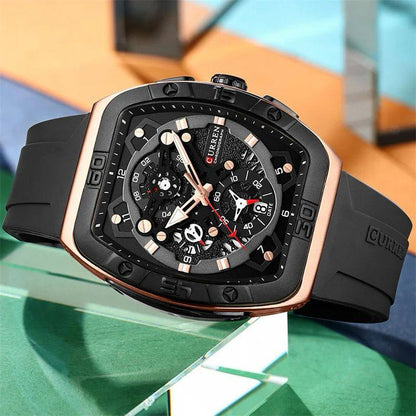 CURREN CHRONOGRAPH GENTS WATCH #8443 RUBBER STRAP CHRONOGRAPH MOVEMENT DATE DISPLAY BATTERY POWERED CURREN BRENDED BOX