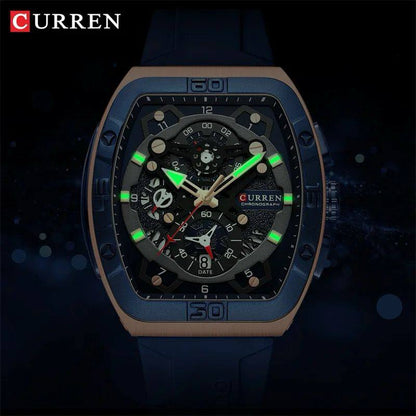 CURREN CHRONOGRAPH GENTS WATCH #8443 RUBBER STRAP CHRONOGRAPH MOVEMENT DATE DISPLAY BATTERY POWERED CURREN BRENDED BOX