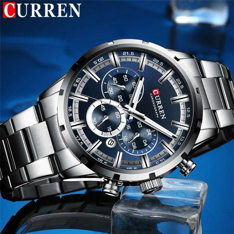 GENTS CURREN 8355 CHRONOGRAPH DATE DISPLAY WATER RESISTANT STAINLESS STEEL BLUE SILVER BLACK CURREN BRANDED BOX ENQUIRIES