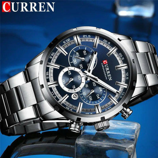 GENTS CURREN 8355 CHRONOGRAPH DATE DISPLAY WATER RESISTANT STAINLESS STEEL BLUE SILVER BLACK CURREN BRANDED BOX ENQUIRIES