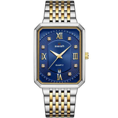 SWISH STYLISH GENTS WATCH DATE DISPLAY BATTERY POWERED STAINLESS STEEL WATER RESISTANT TWO-TONE BLUE SILVER GOLD SILVER BLACK GOLD-BLACK ENQUIRIES